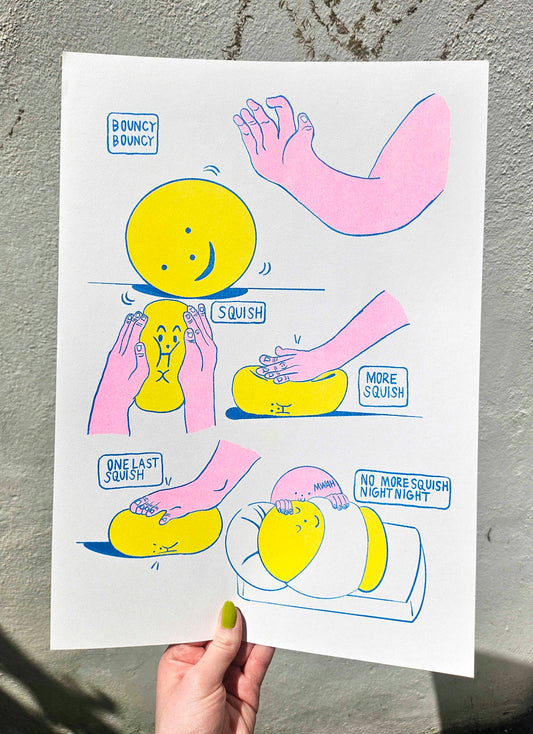 Cartoon illustration of a yellow character being squished by pink hands on a white background.