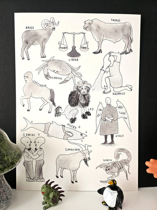 Illustration of zodiac signs with corresponding animals on a white background