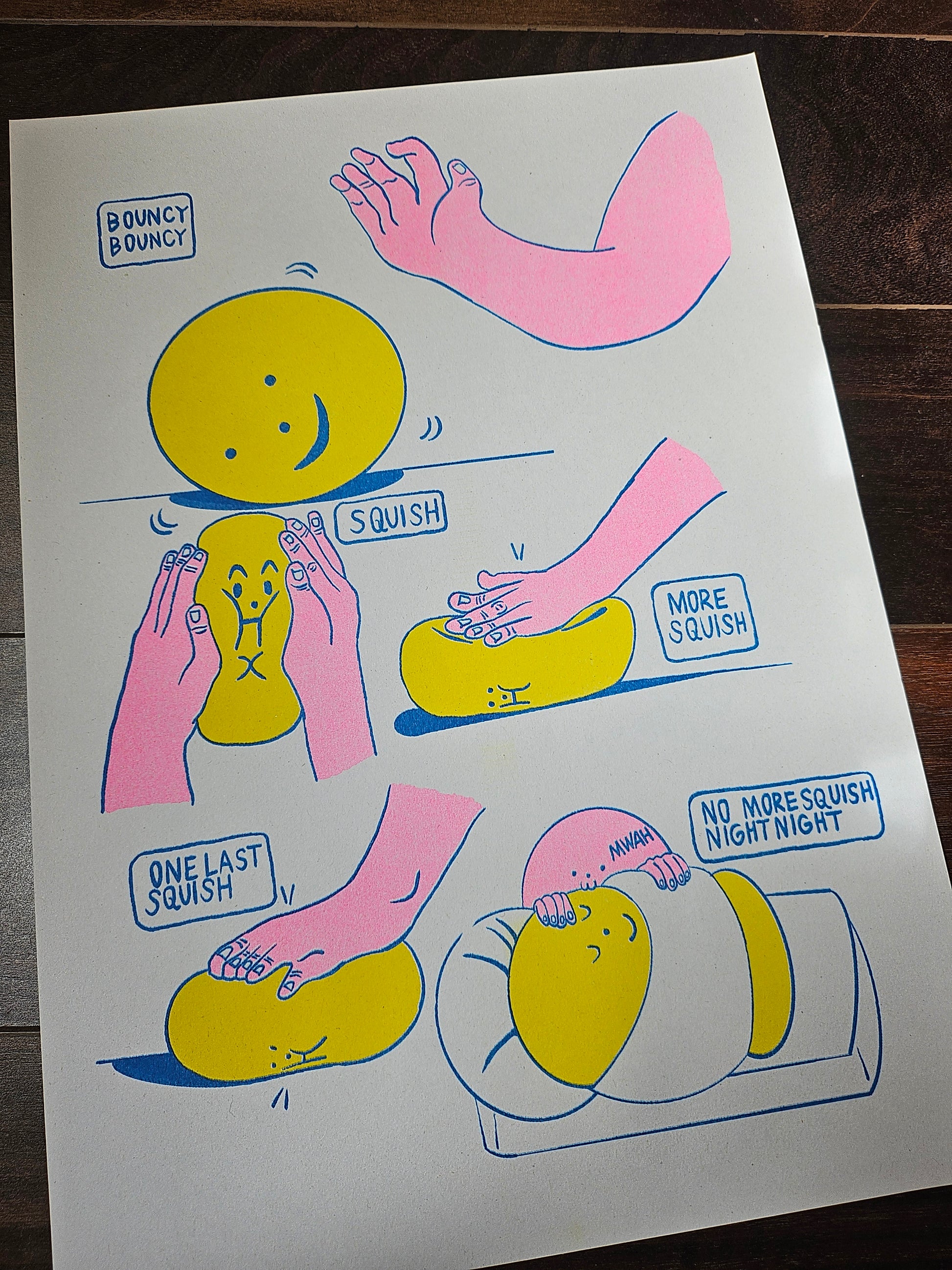 Colourful comic-style illustration print by Louise Mcfarlane featuring a smiling squishy character being repeatedly squashed in a playful contemporary comic artwork.
