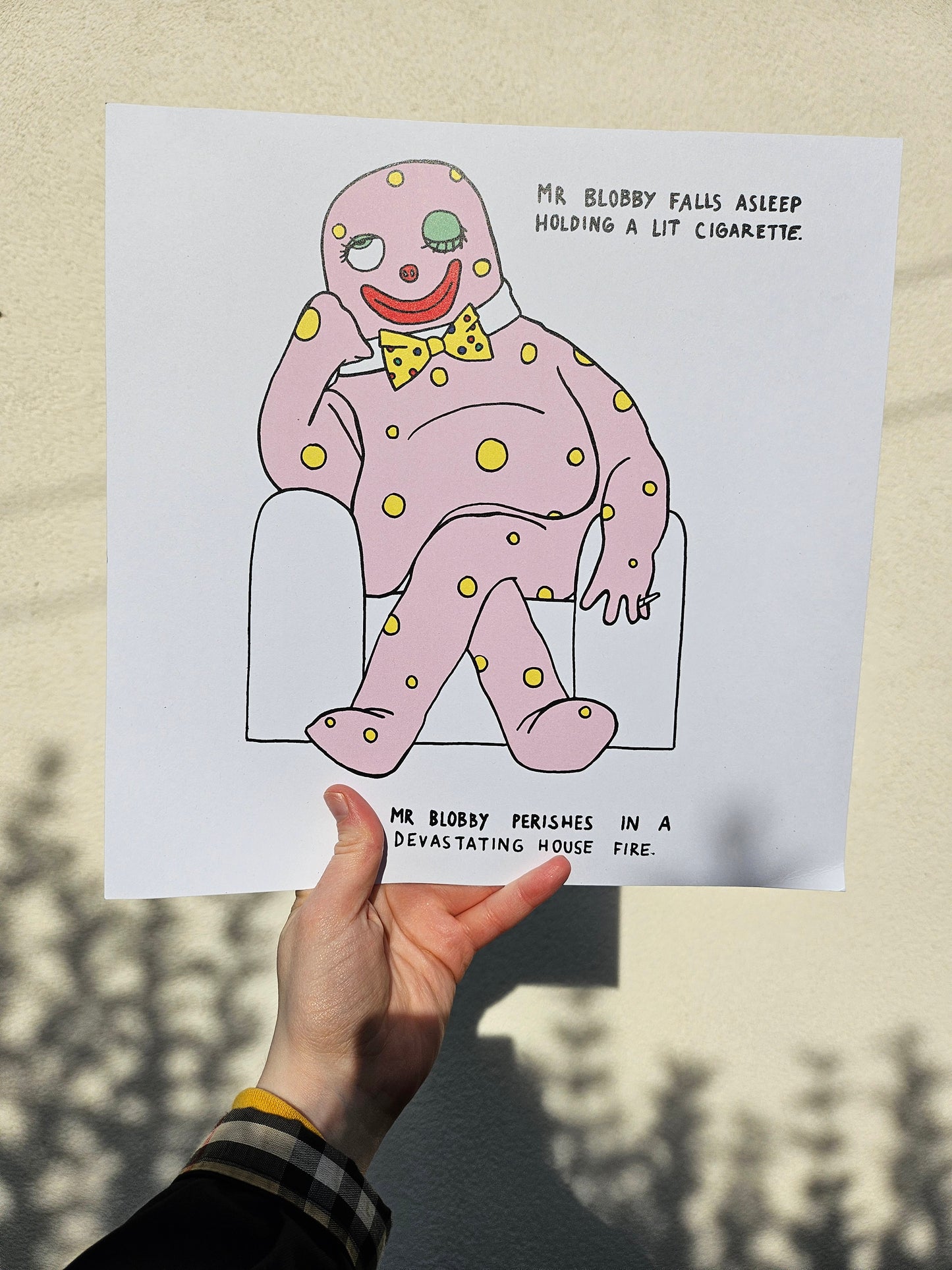 Illustrated Mr Blobby parody print by Louise Mcfarlane featuring a humorous comic-style drawing with dark surreal British humour and nostalgic pop culture references.