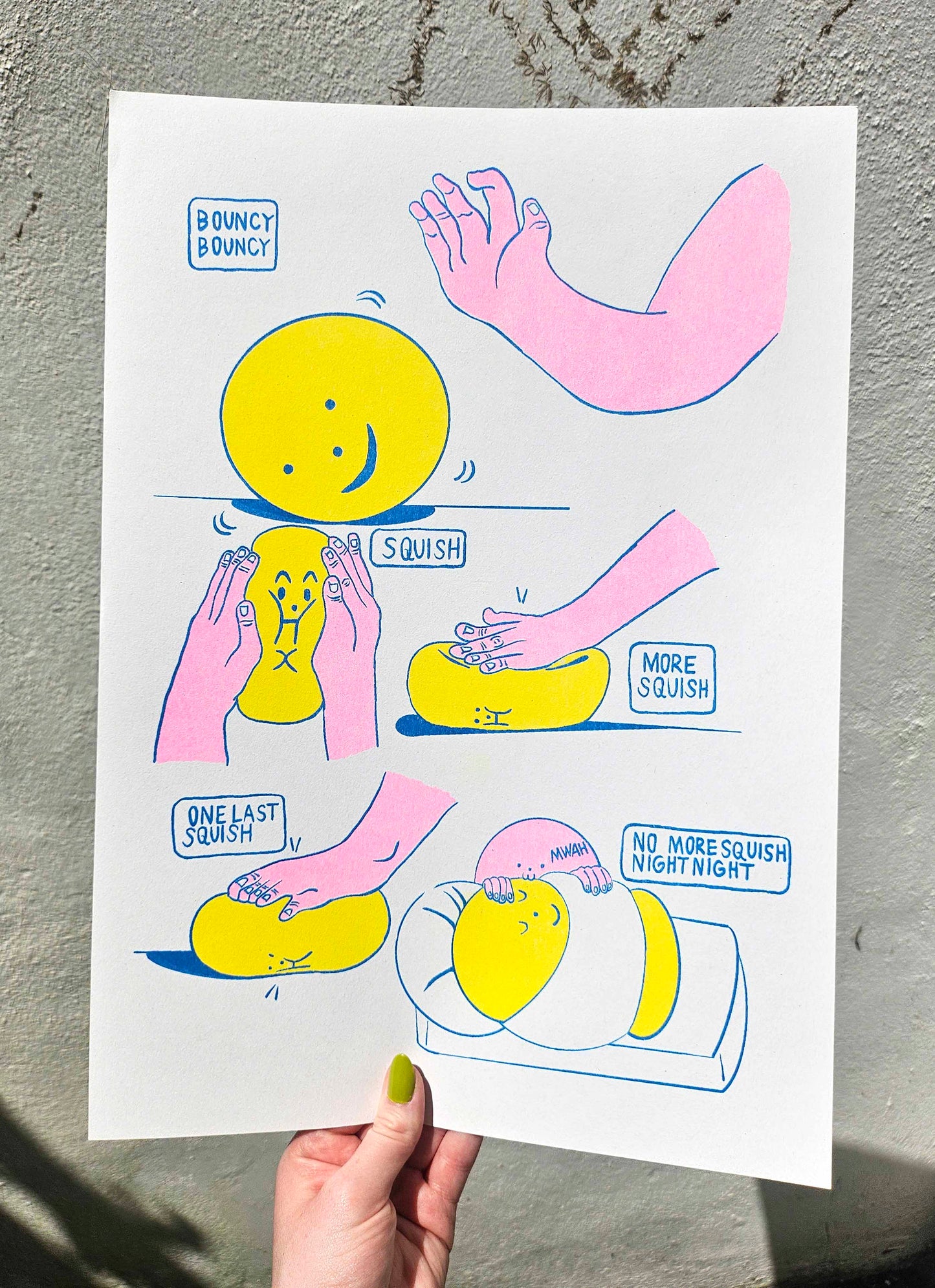 Cartoon illustration of a yellow character being squished by pink hands on a white background.