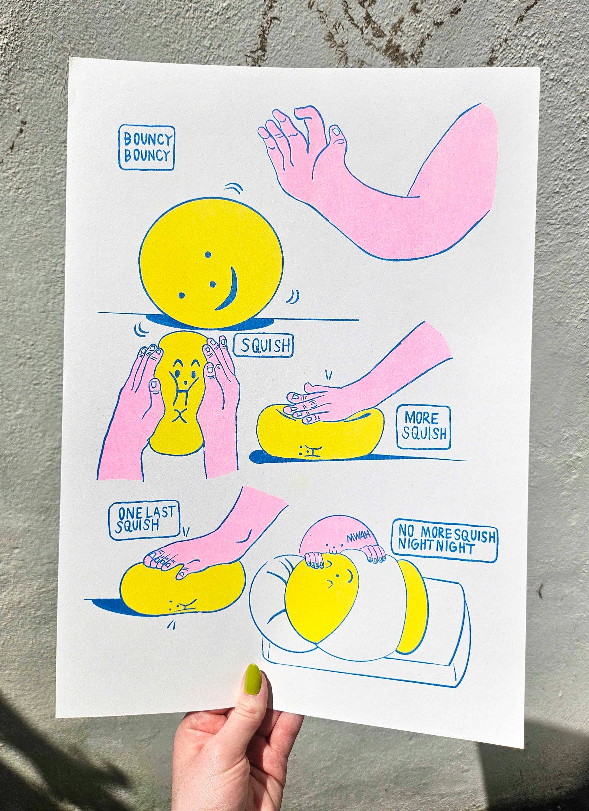 Cartoon illustration of a yellow character being squished by pink hands on a white background.