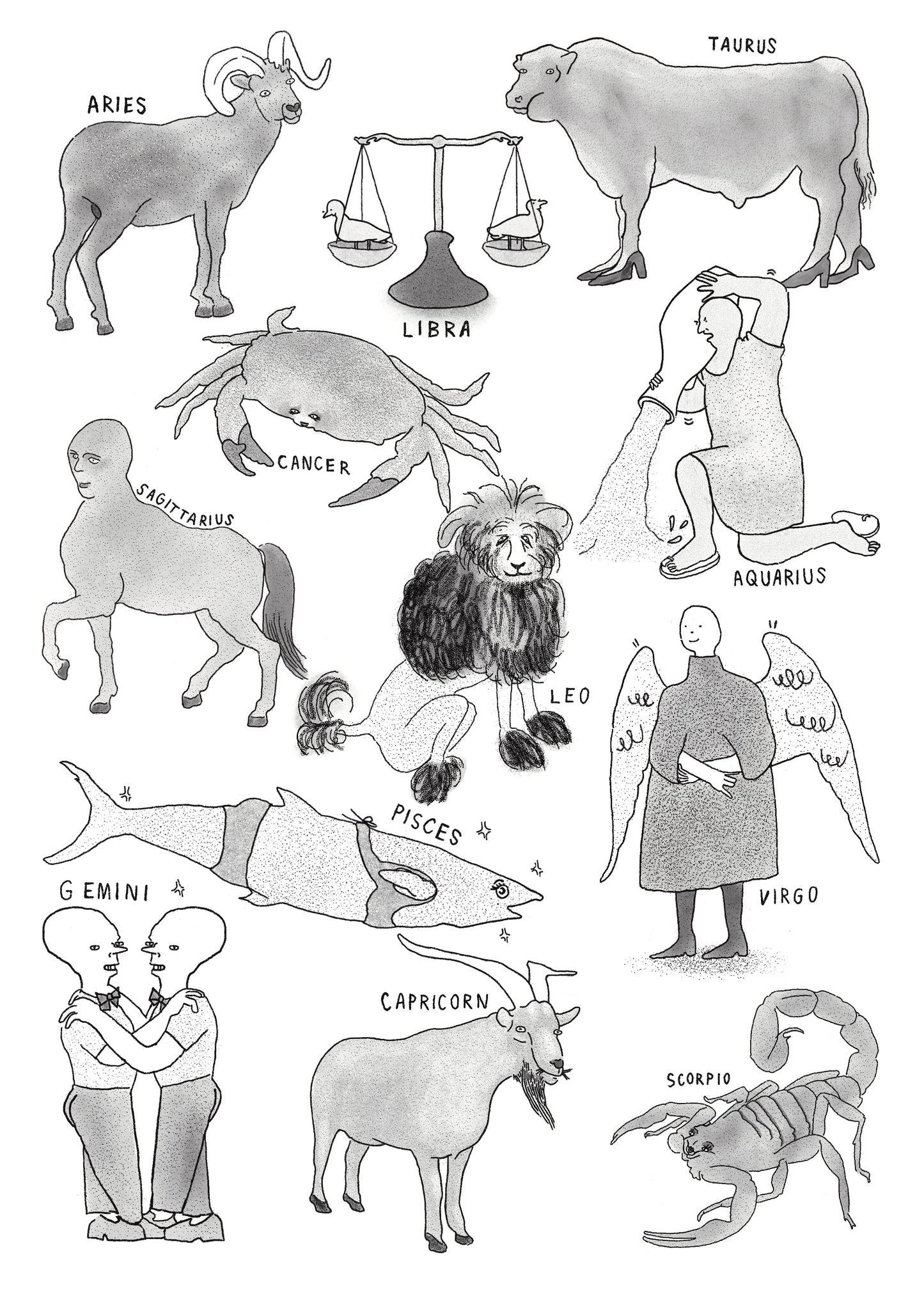 Illustration of zodiac signs with corresponding animals and people.