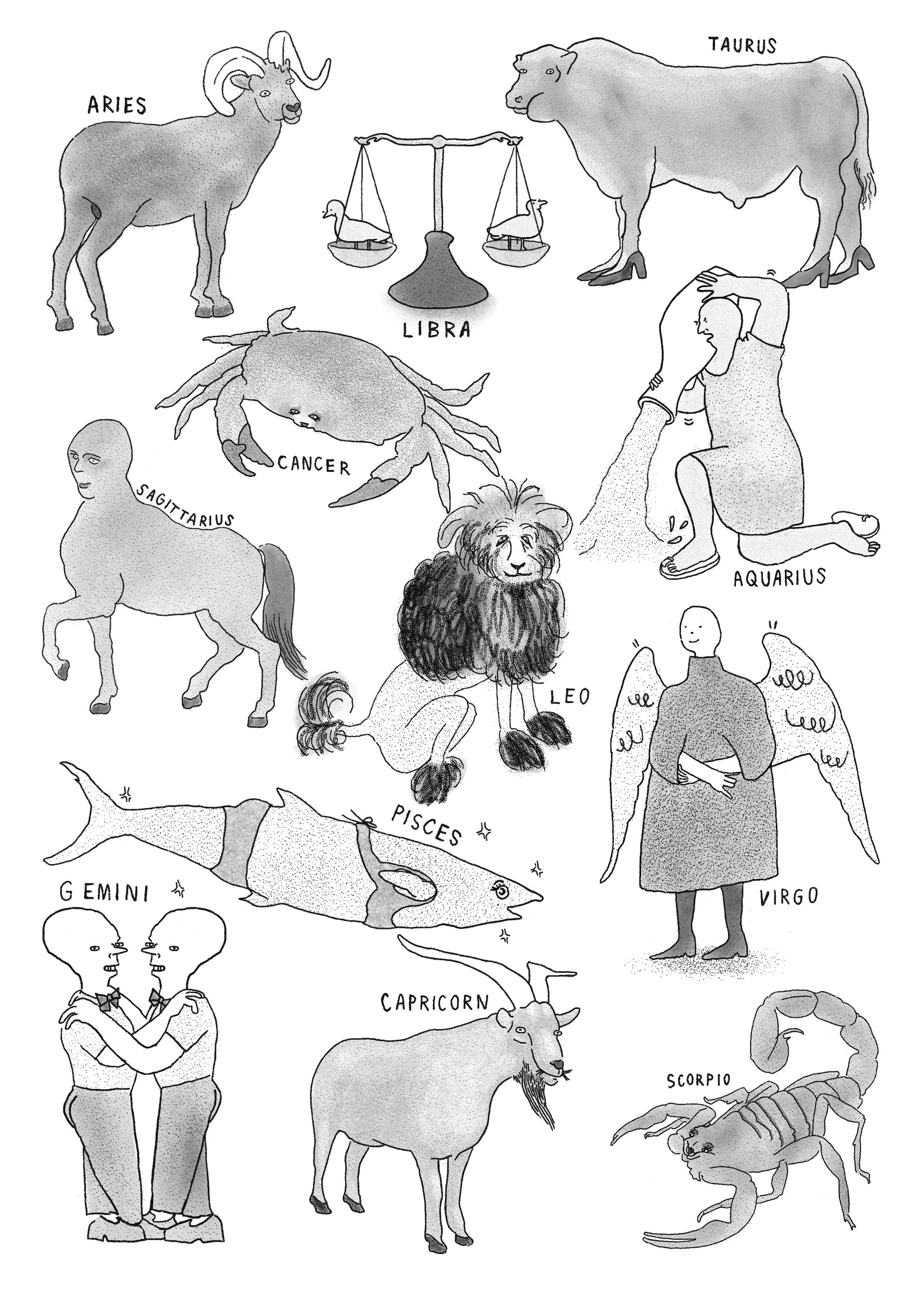 Illustration of zodiac signs with corresponding animals and people.