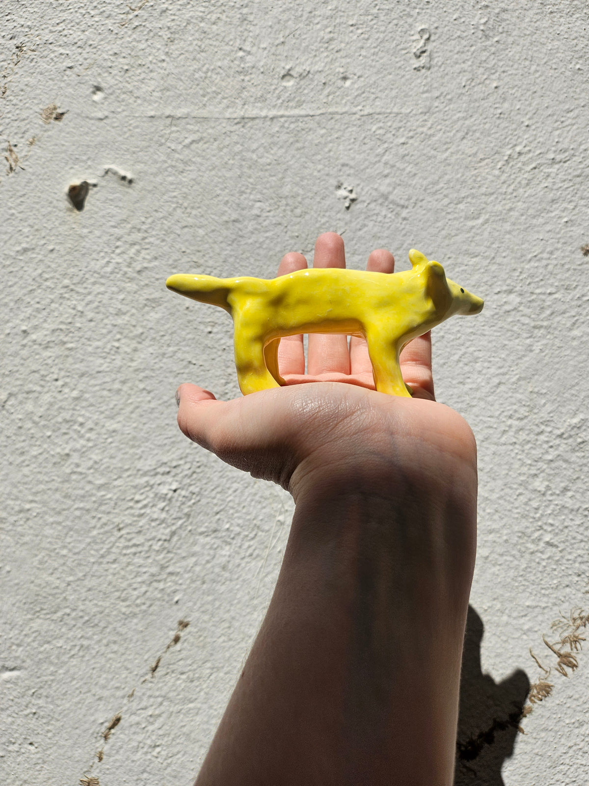 Yellow Ceramic Dog (blue nose) by Louise McFarlane